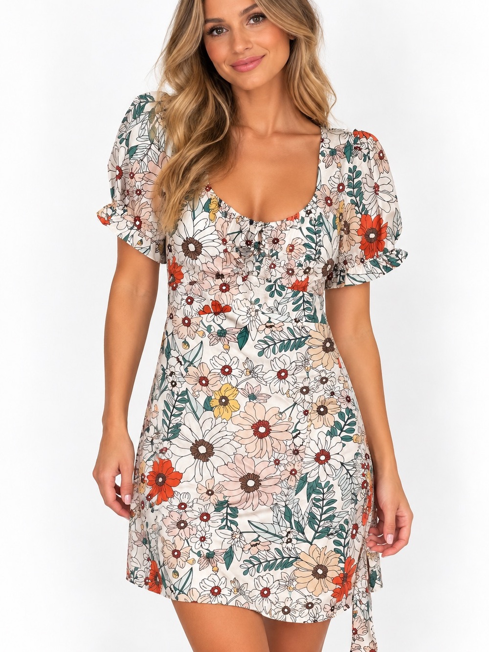 Floral Scoop-Neck Mini Dress in Cream and Orange